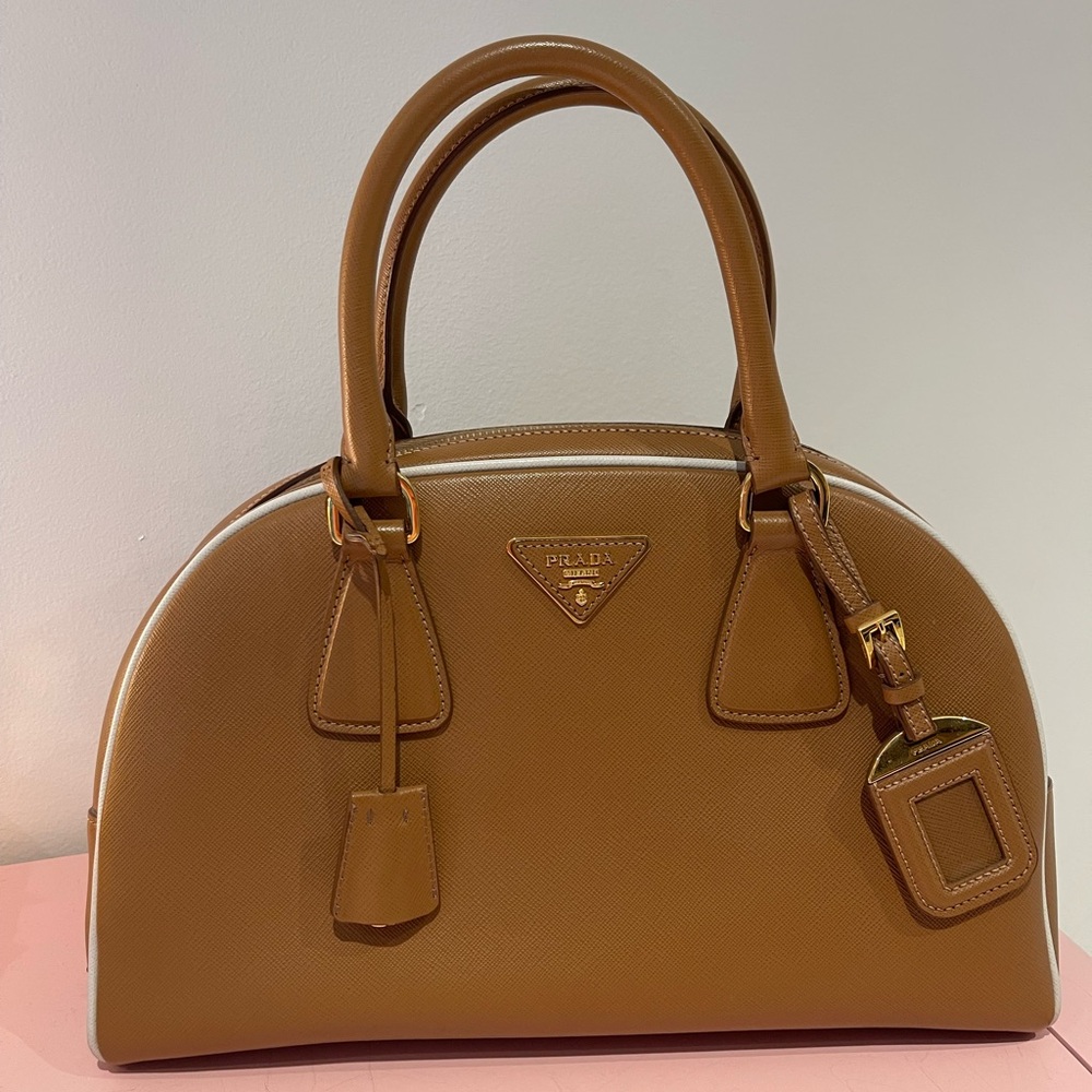 Prada Caramel + Talc Safiano Leather Leather Bowling Bag